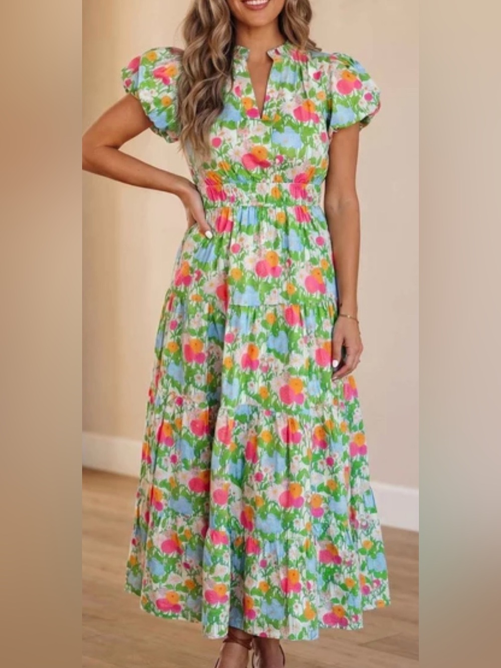 Floral Tiered Maxi Dress in Pink, Green & Blue - Picture 1 of 5
